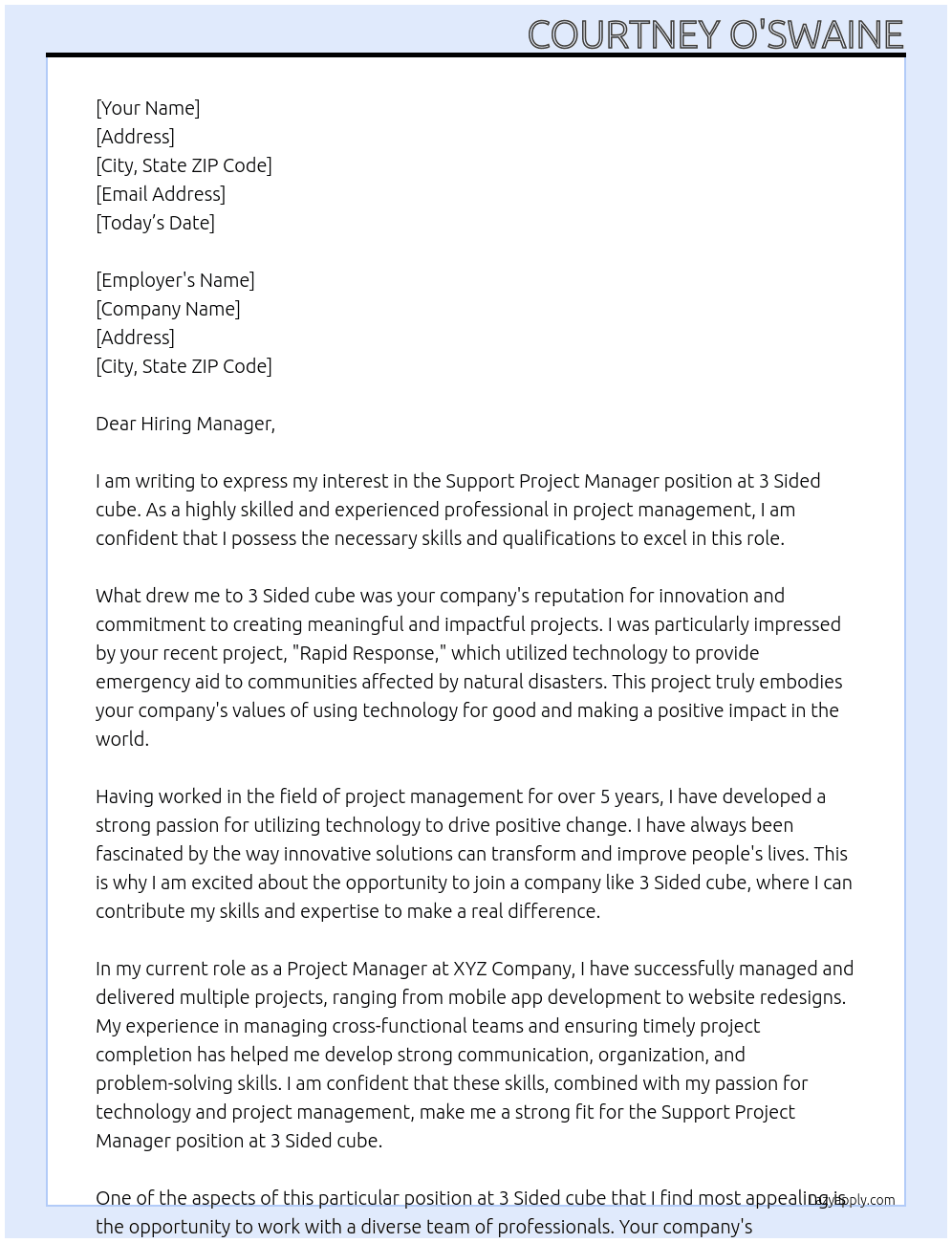 Support Project Manager At 3 Sided cube Cover Letter