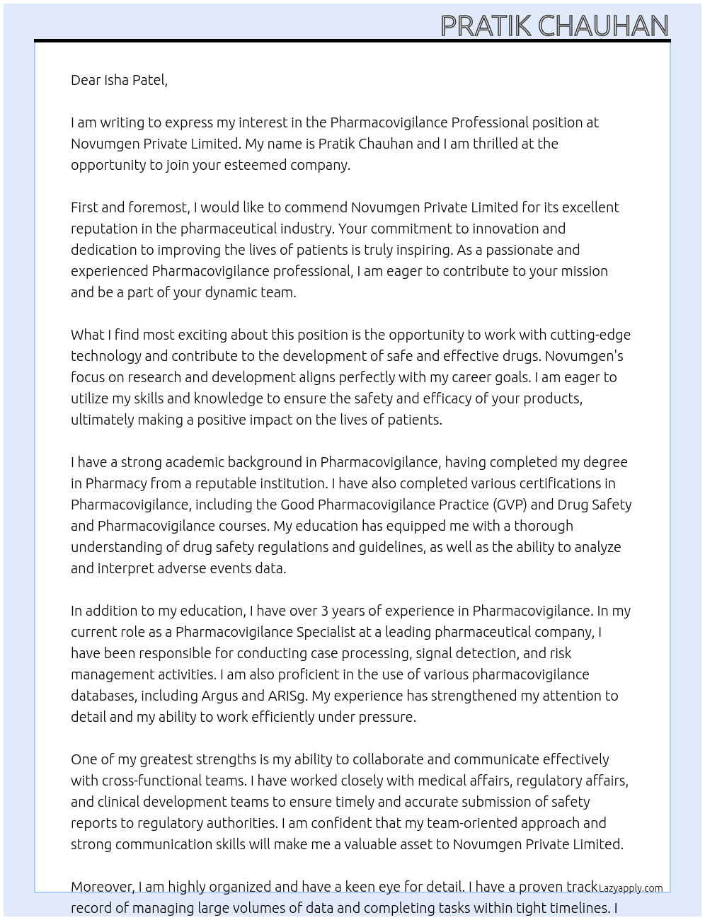 Pharmacovigilance professional  At Novumgen Private Limited   Cover Letter