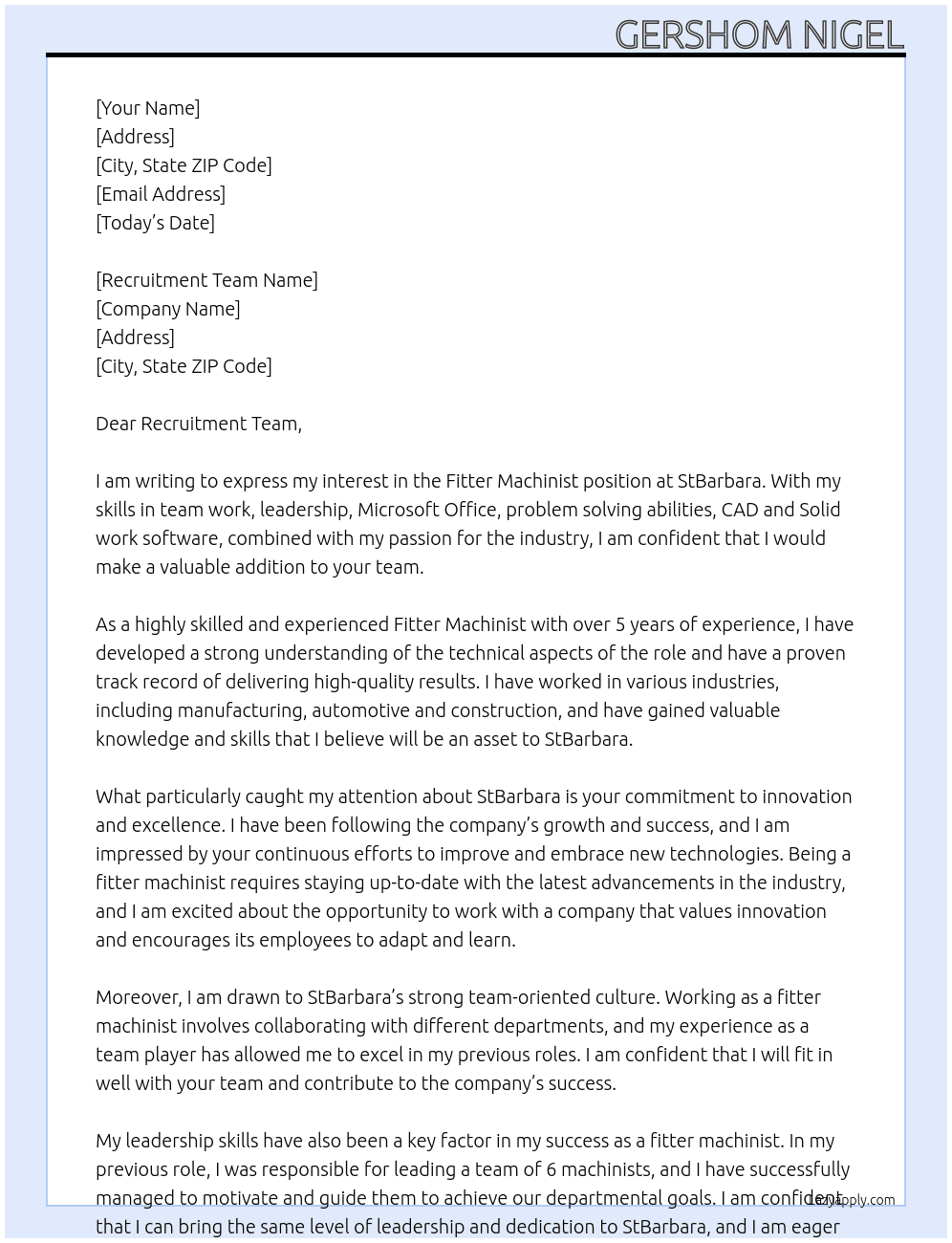 Fitter Machinist  At StBarbara Cover Letter