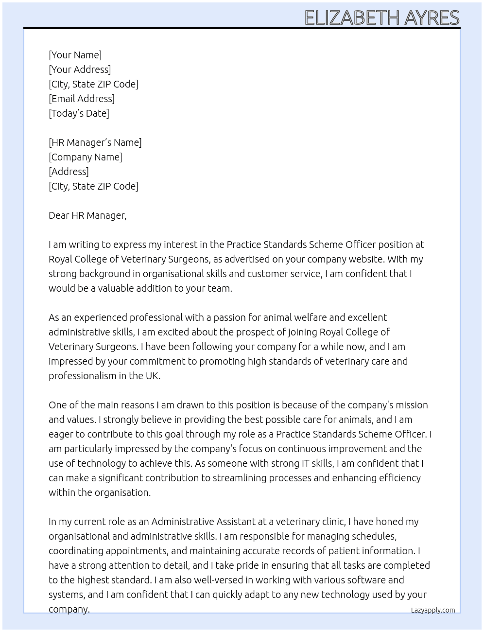 Practice Standards Scheme Officer At Royal College of Veterinary Surgeons Cover Letter