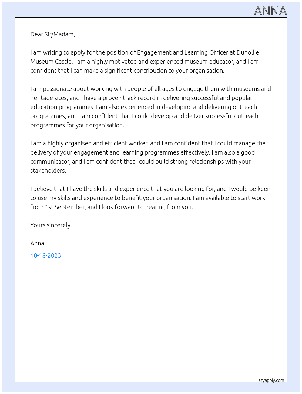 Engagement and Learning Officer At Dunollie Museum Castle Cover Letter