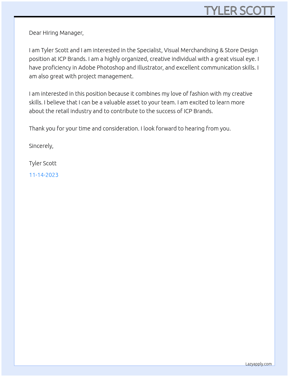 Specialist, Visual Merchandising & Store Design At ICP Brands Cover Letter