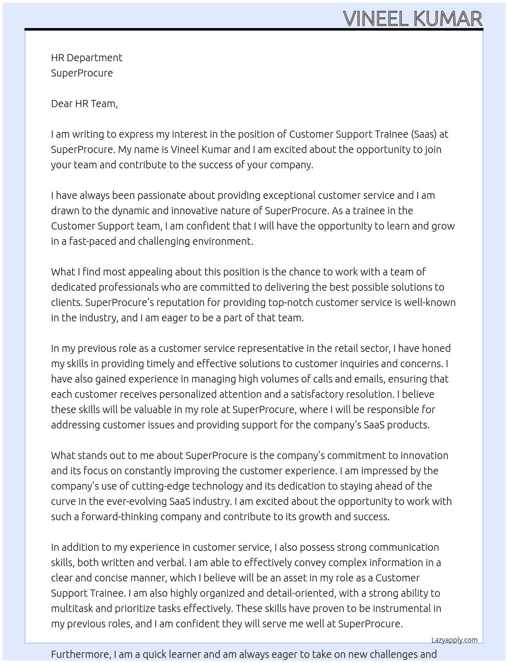 Customer Support- Trainee (Saas) At SuperProcure Cover Letter