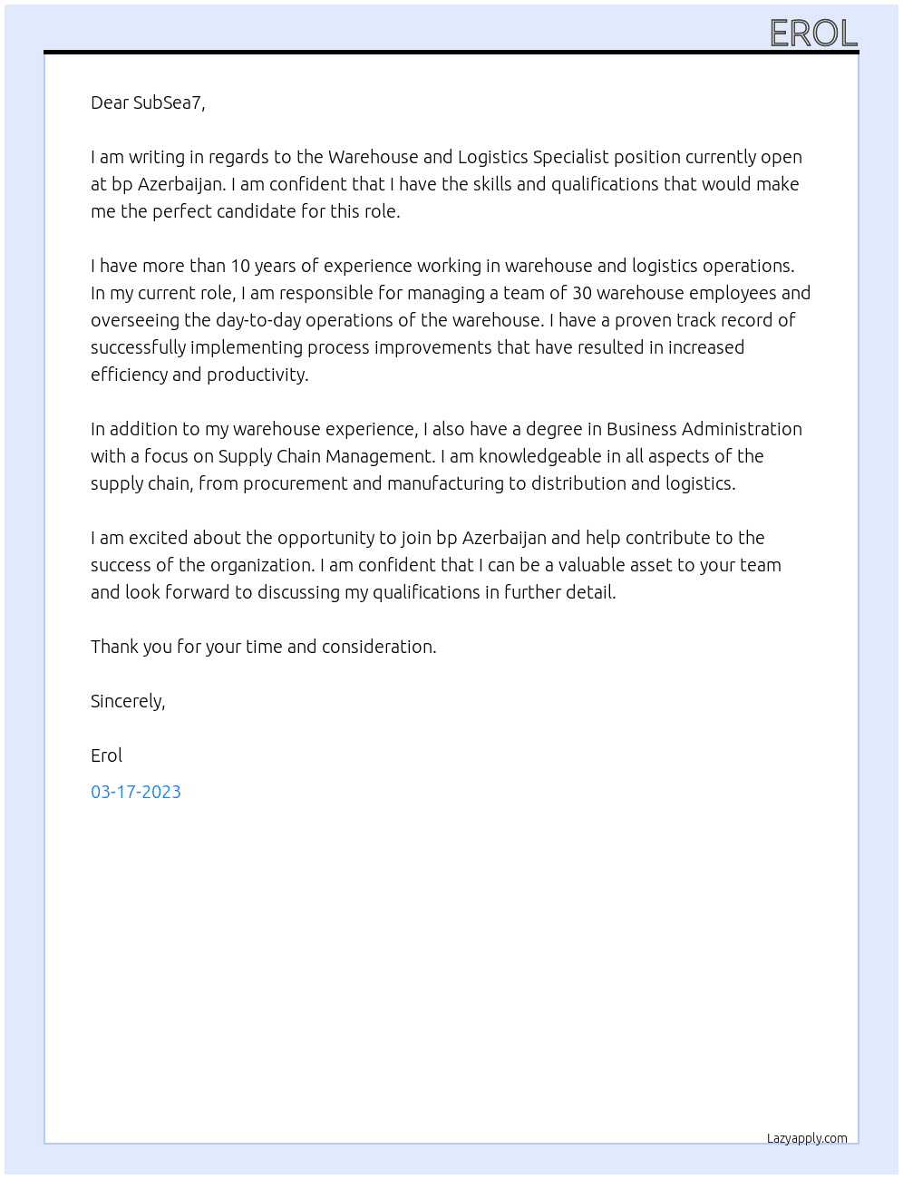 Warehouse and Logistics Specialist At bp Azerbaijan Cover Letter