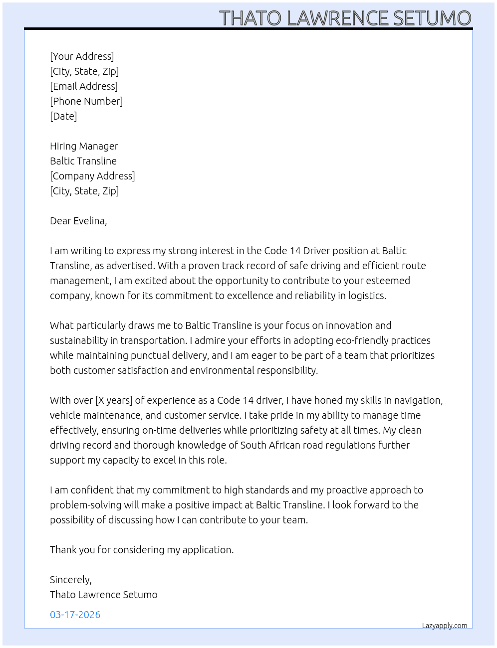 Cover letter for code 14 driver - LazyApply