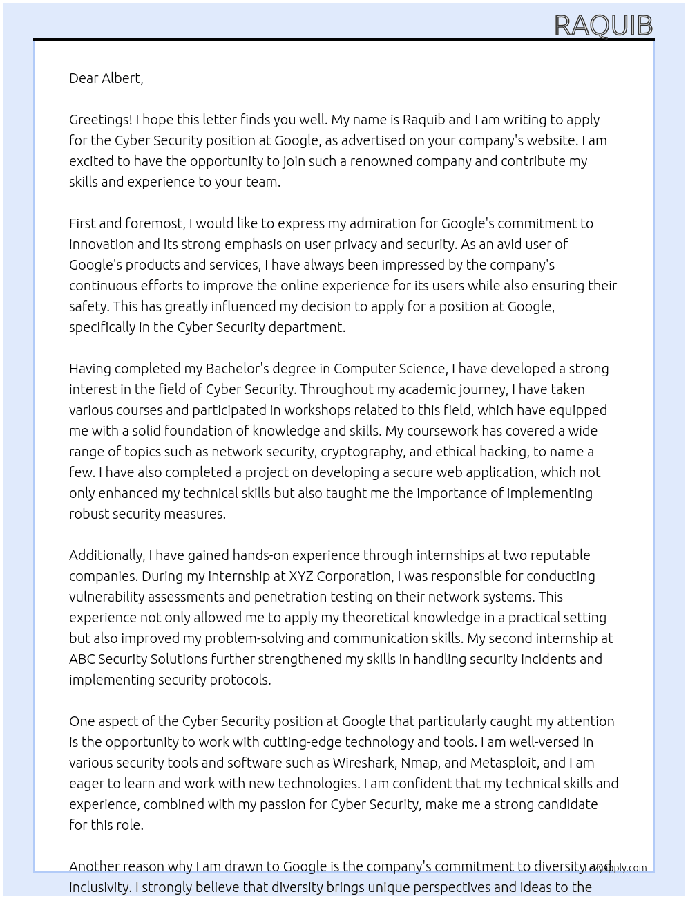 Cyber Security At Google Cover Letter