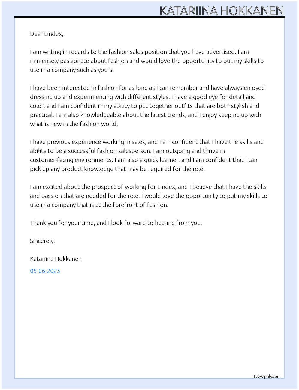 fashon sales At Lindex Cover Letter