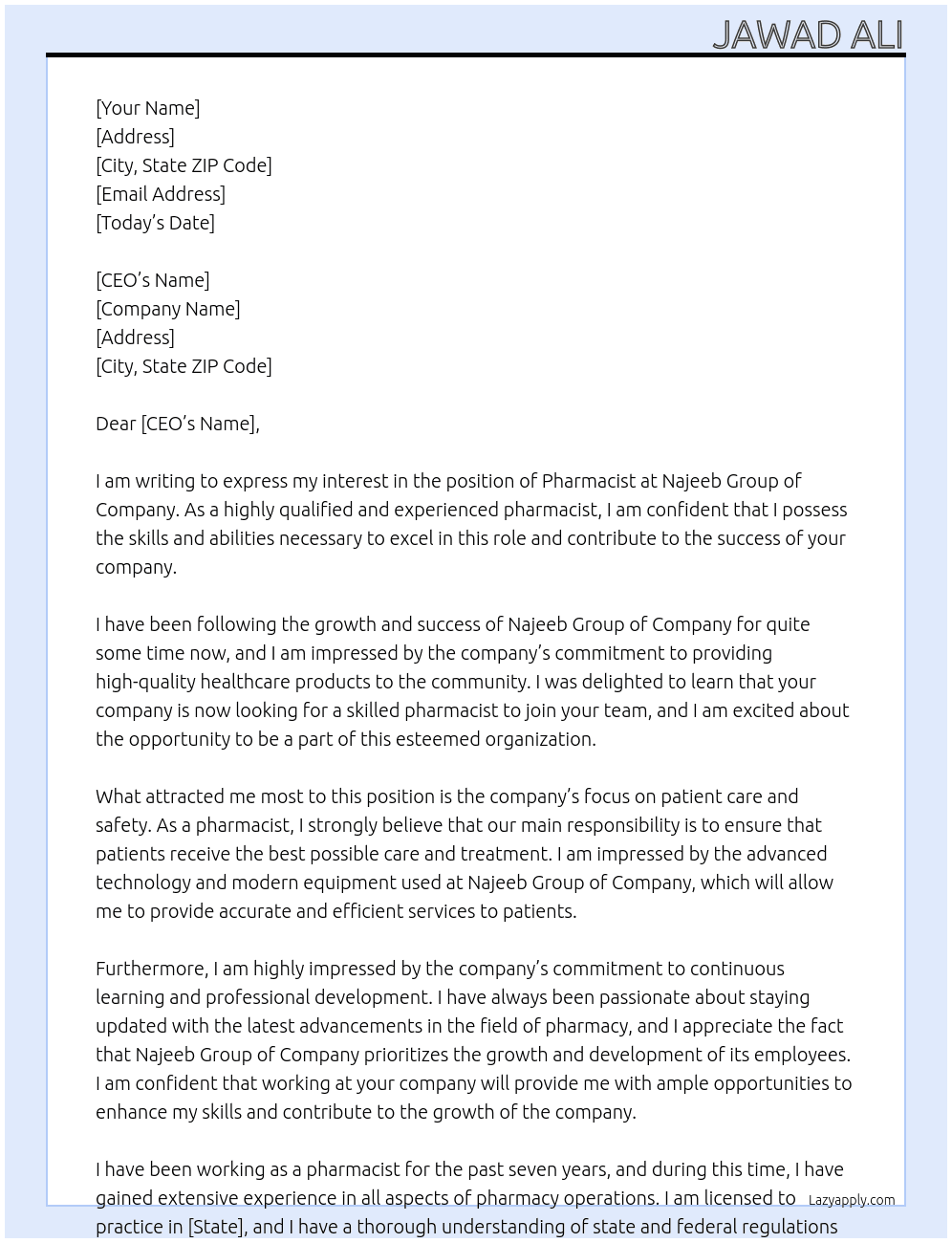 Pharmacist  At Najeeb group of Company Cover Letter