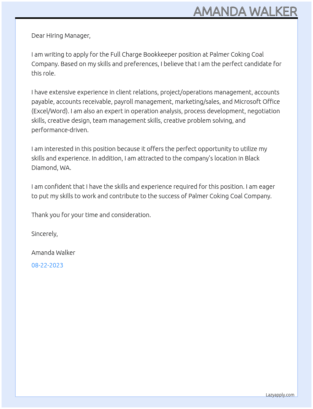 Full Charge Bookkeeper At Palmer Coking Coal Company Cover Letter