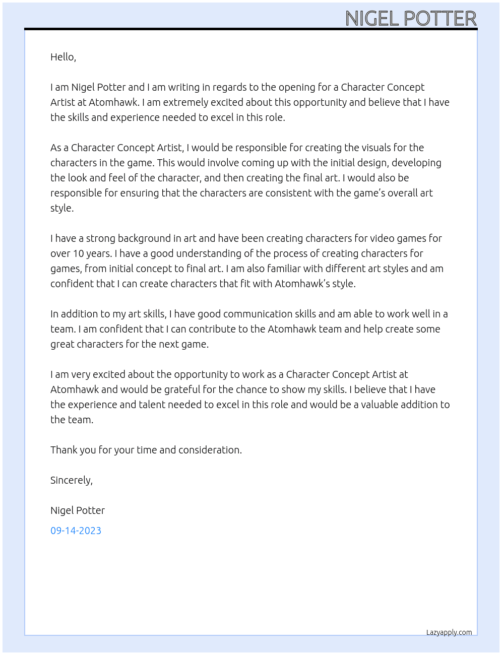 Character Concept Artist At Atomhawk Cover Letter