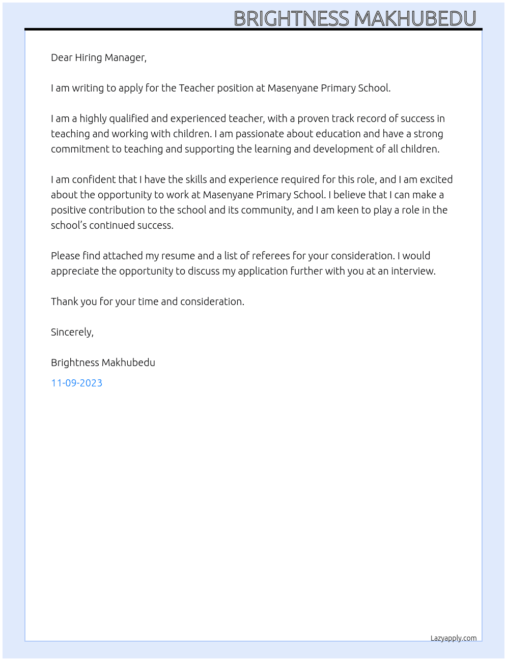 Teacher At Masenyane Primary School  Cover Letter