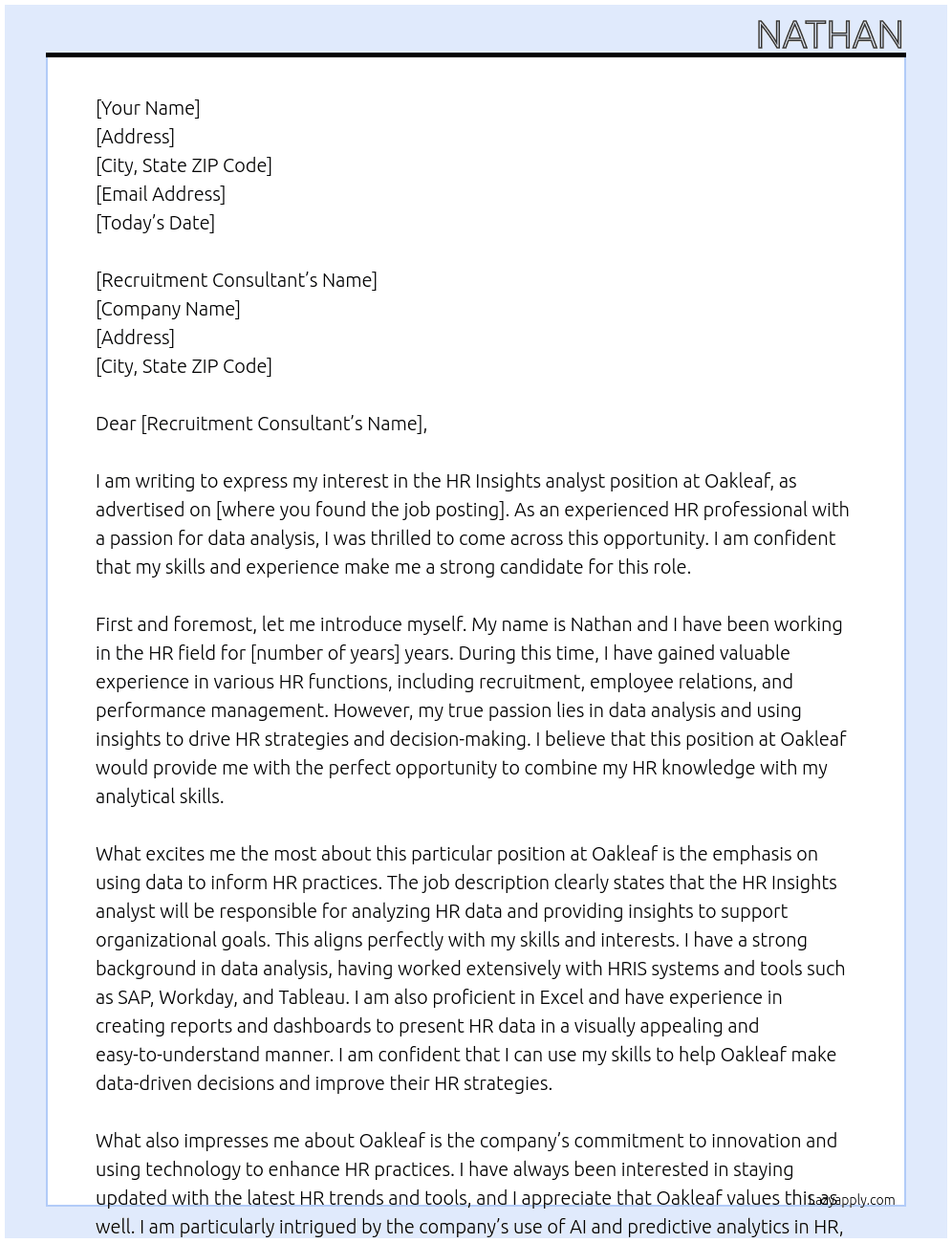 HR Insights analyst At Oakleaf Cover Letter