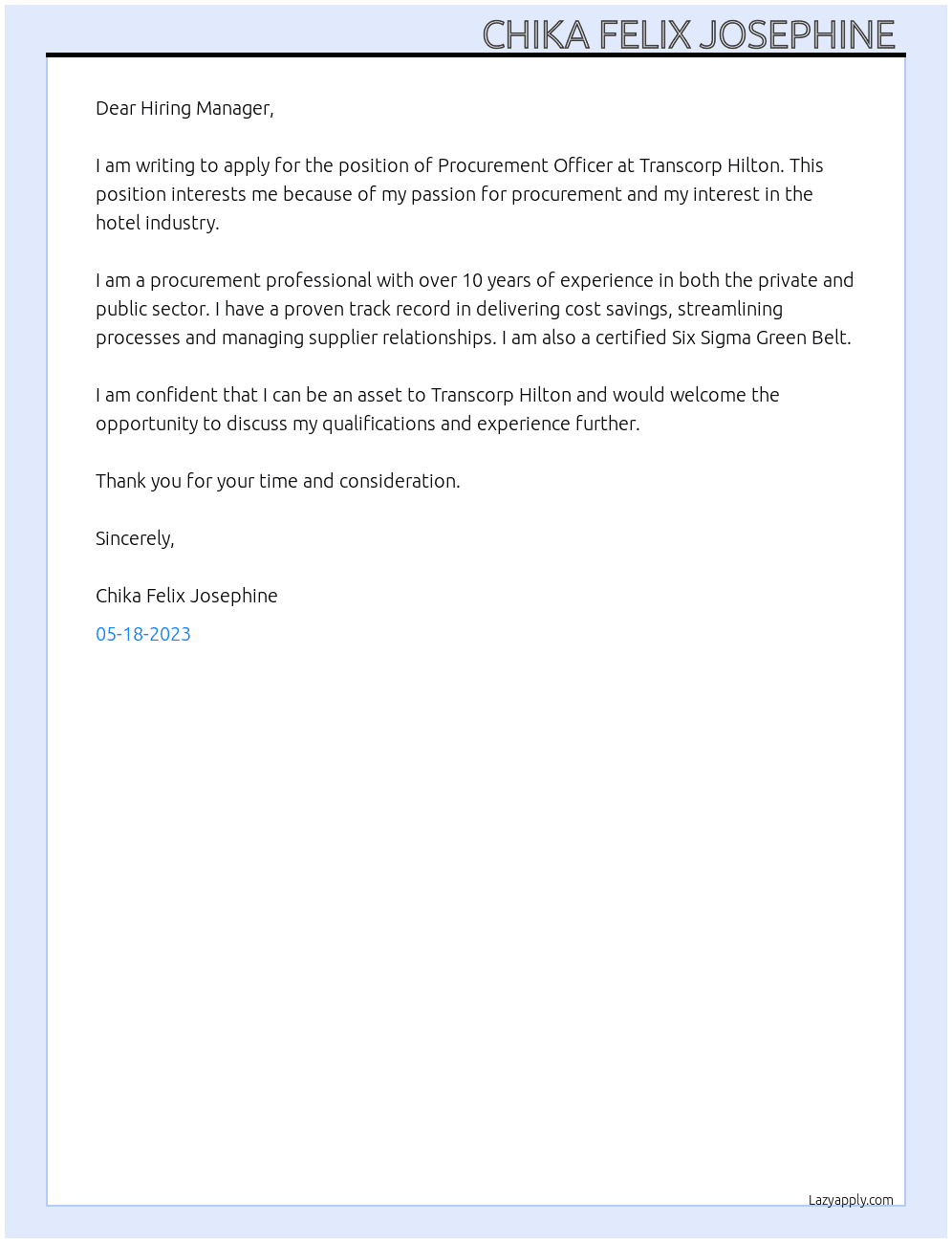Procurement Officer  At Transcorp Hilton  Cover Letter