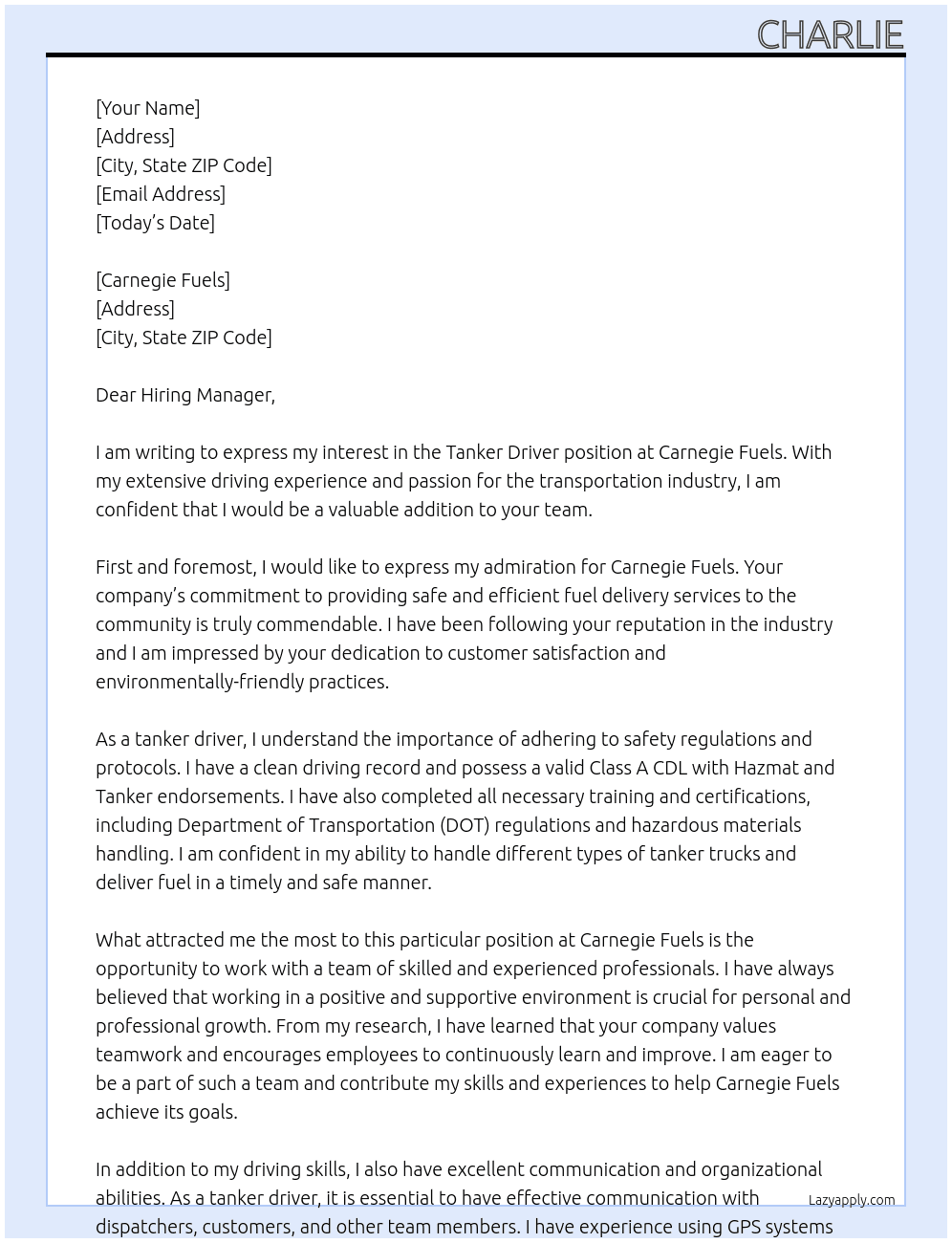 Tanker driver At Carnegie Fuels Cover Letter