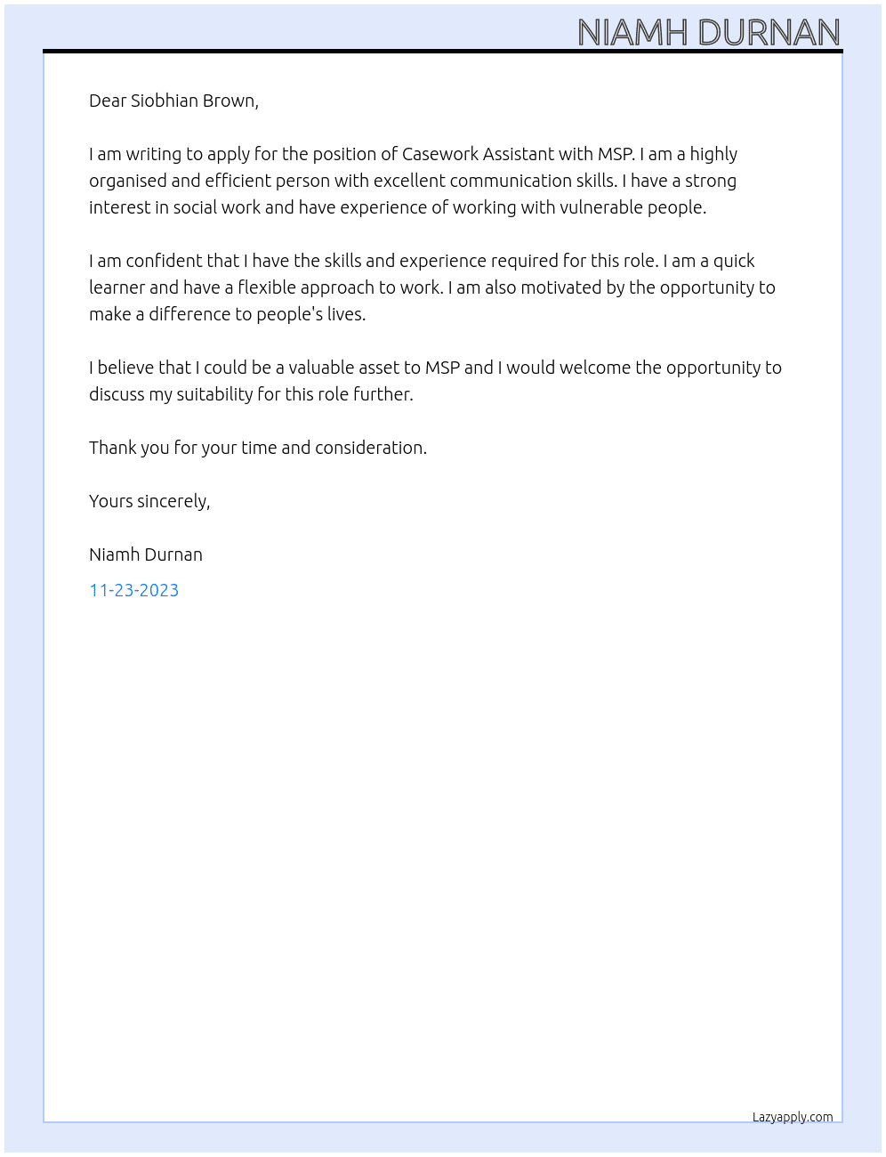 Casework assistant At MSP Cover Letter