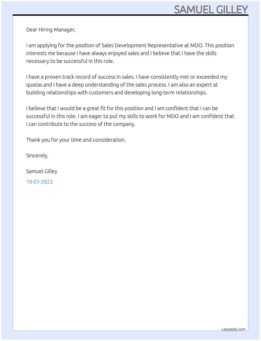 Sales Development Representative  At MDO Cover Letter