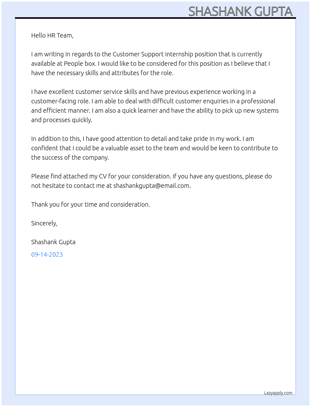 Customer Support internship At People box Cover Letter