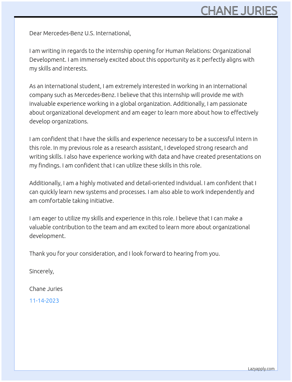 Internship in Human Relations: Organizational Development (International Student) At Mercedes-Benz U. S. International Cover Letter