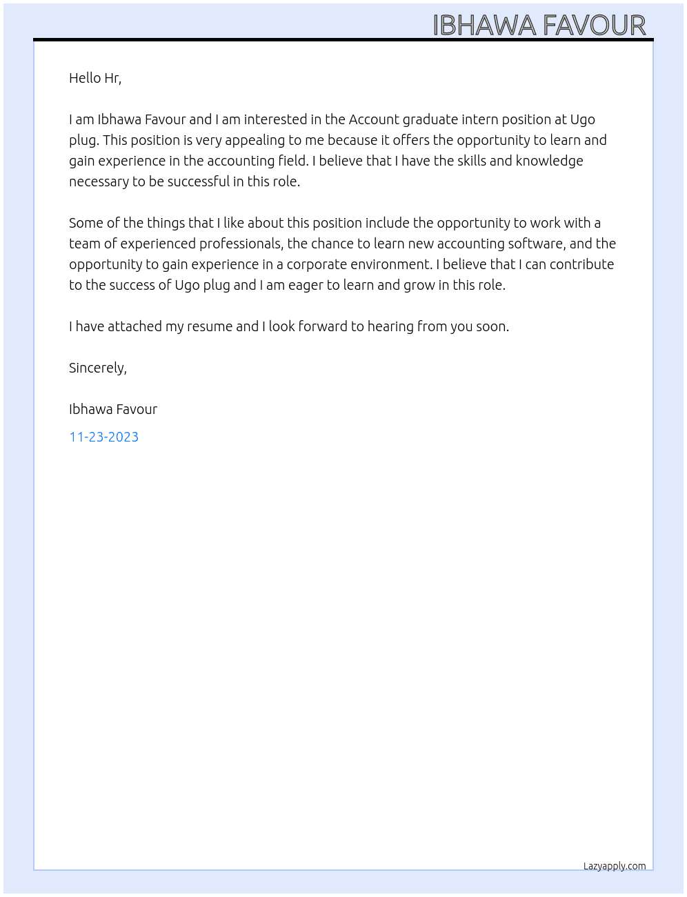 Account graduate intern At Ugo plug Cover Letter