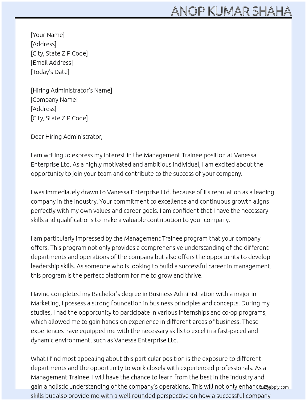 Managment Trainee At Vanessa Enterprise Ltd. Cover Letter