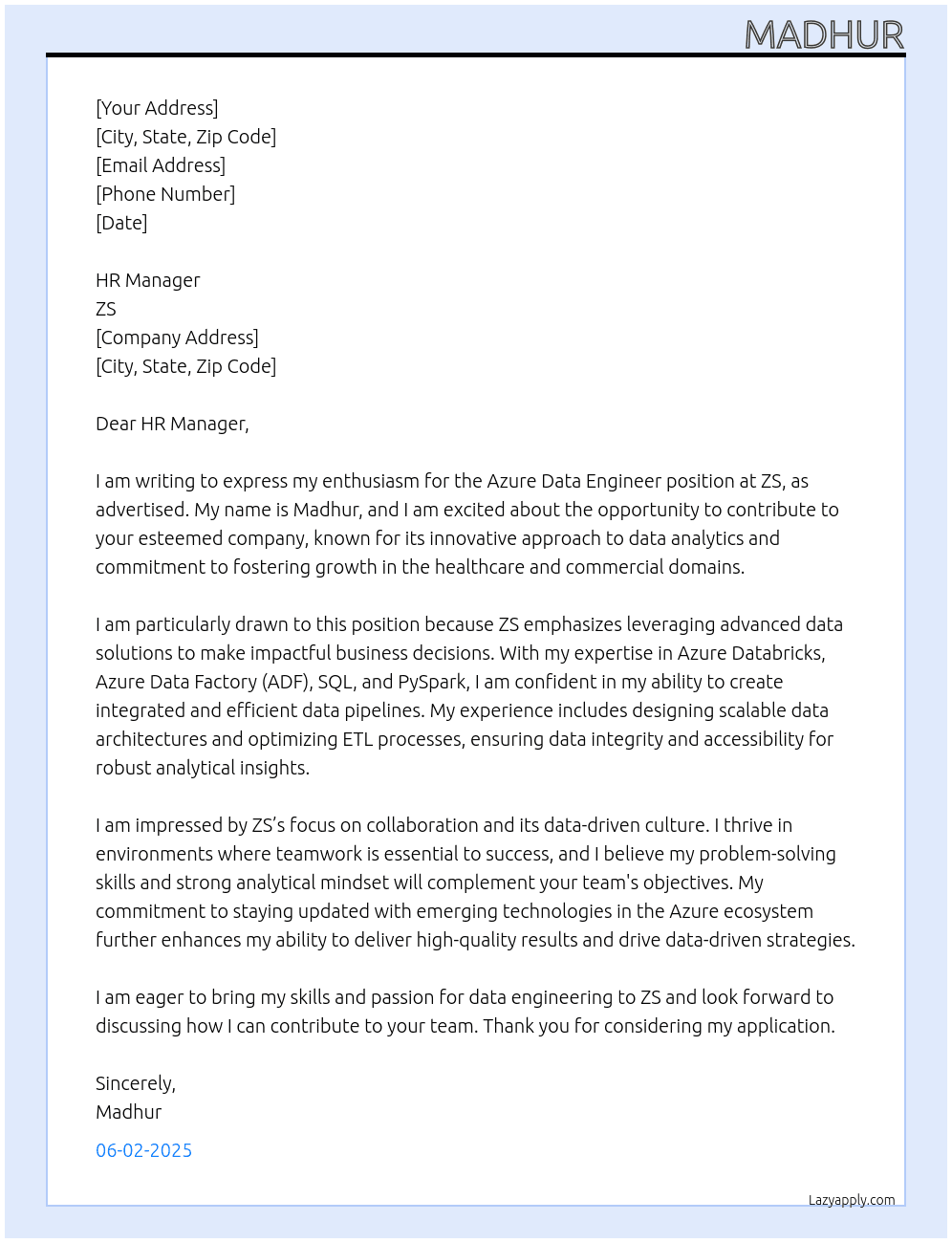 Azure Data Engineer At ZS Cover Letter