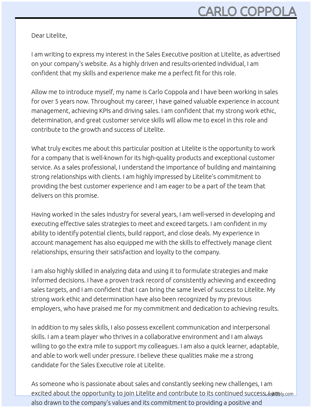 Sales executive  At Litelite Cover Letter