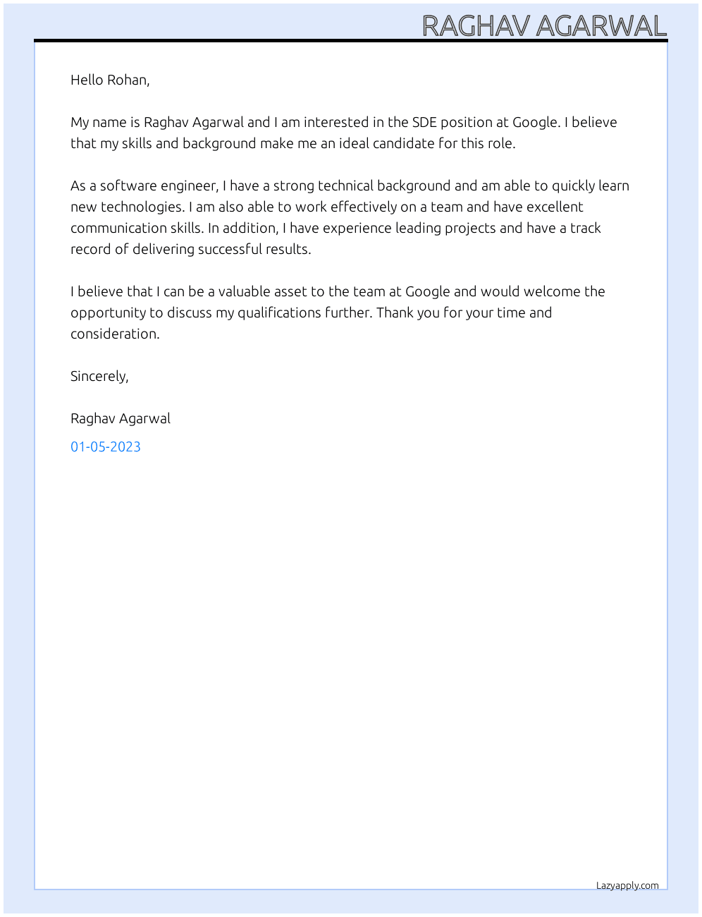 SDE At Google  Cover Letter