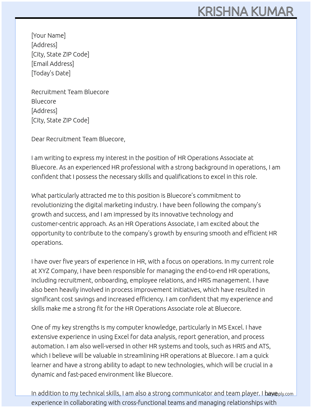 Hr Operations Associate  At Bluecore Cover Letter