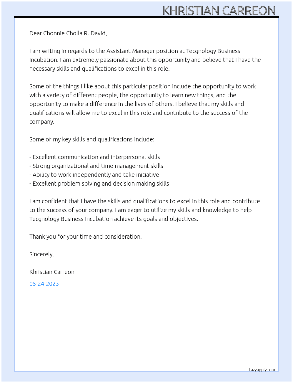 Assistant Manager  At Tecgnology Business Incubation  Cover Letter