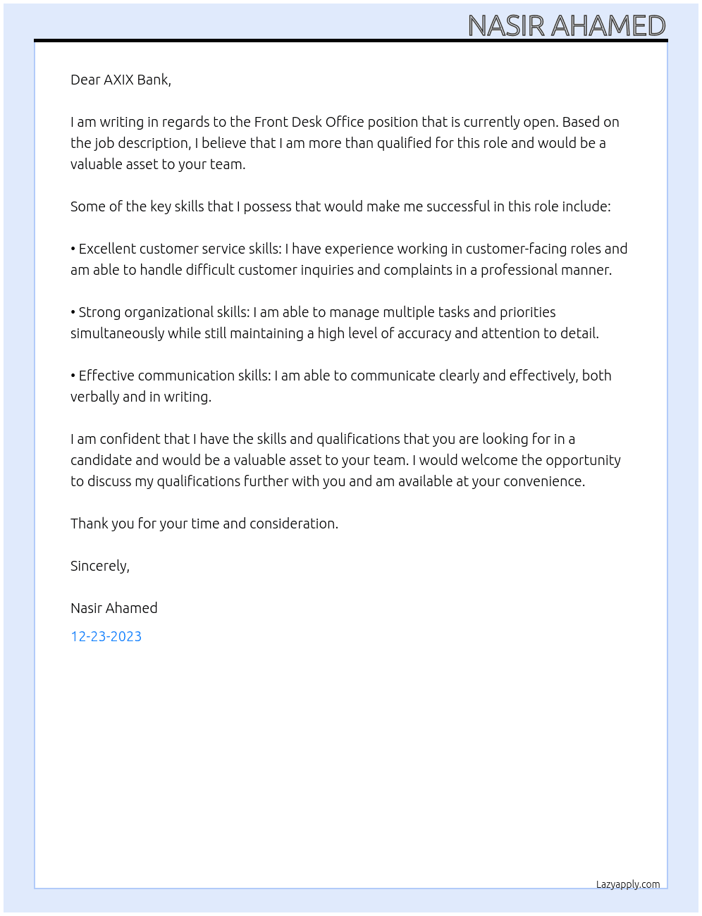 Front desk office At AXIX BANK Cover Letter