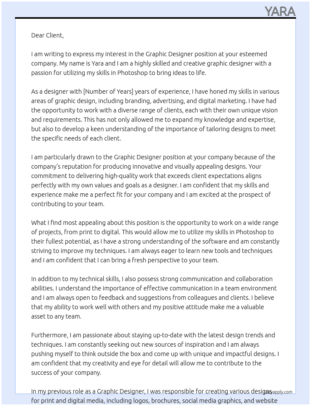 Graphic Designer At no compan Cover Letter