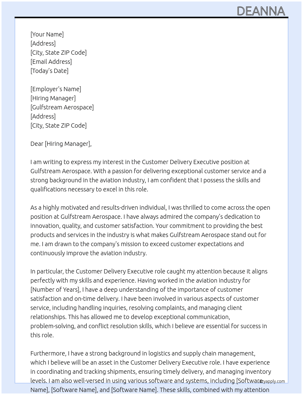 Customer Delivery executive  At gulfsream aerospace Cover Letter