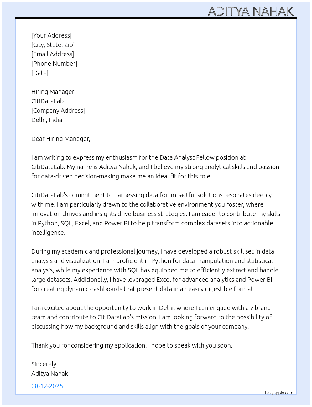 Cover letter for data analyst fellow - LazyApply