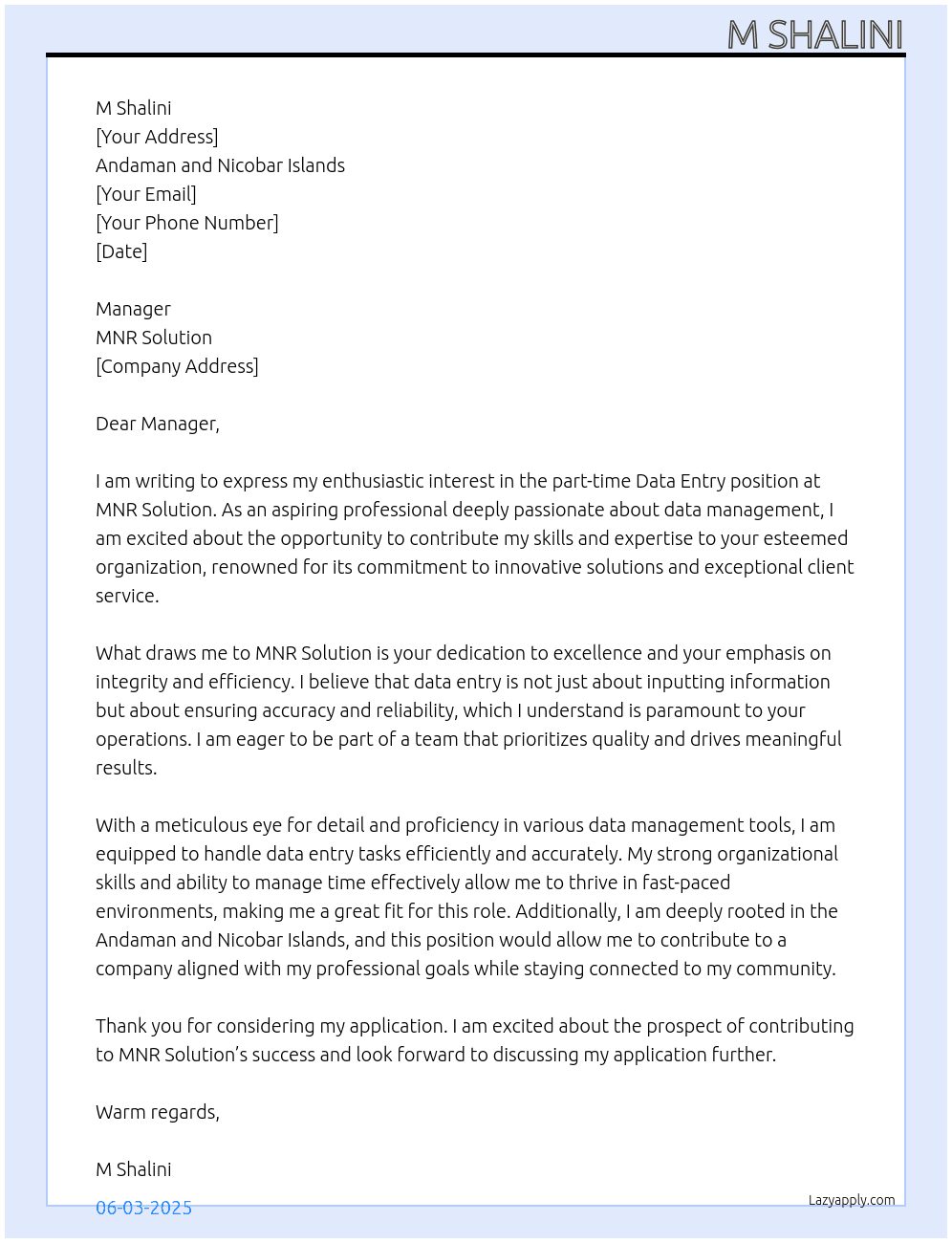 Data entry job  At mnrsolution  Cover Letter