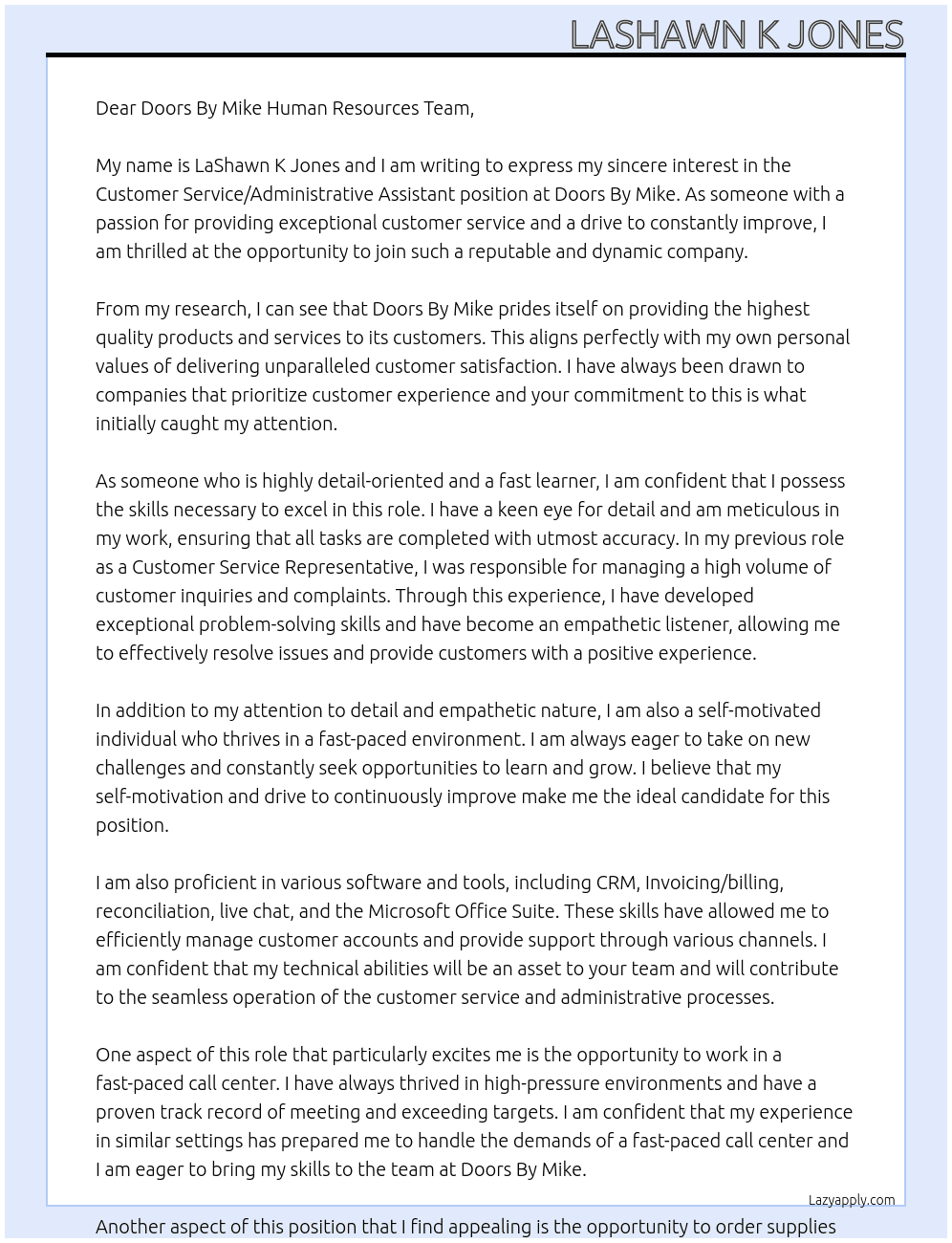 Customer Service/Administrative Assistant At Doors By Mike Cover Letter