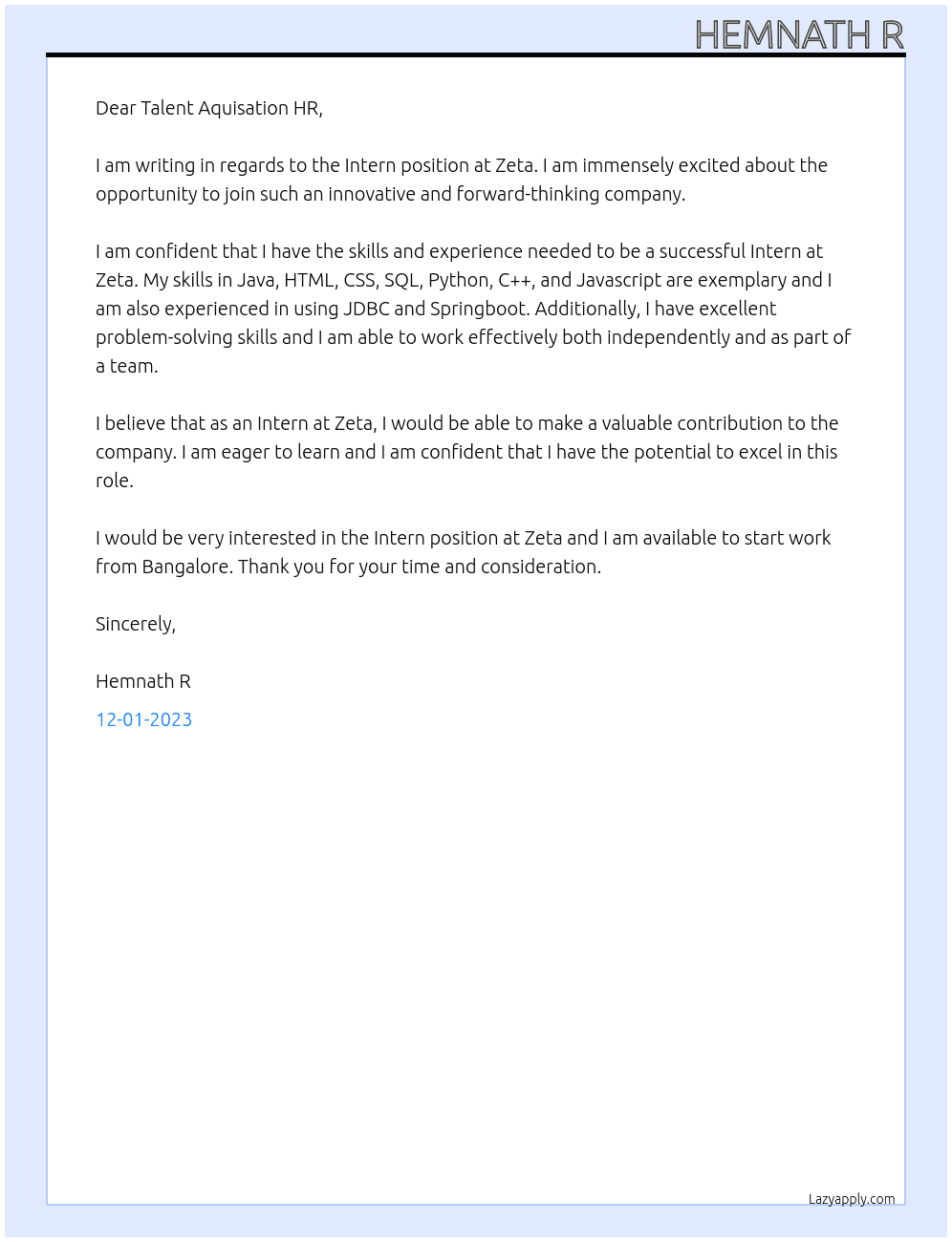 Intern At Zeta Cover Letter