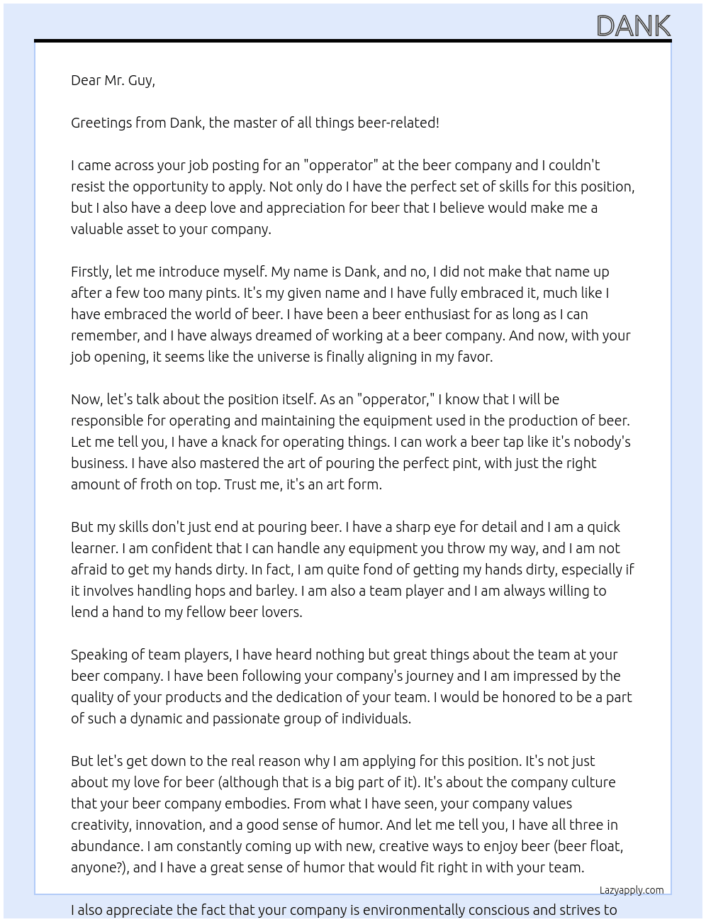 opperator At beer company Cover Letter