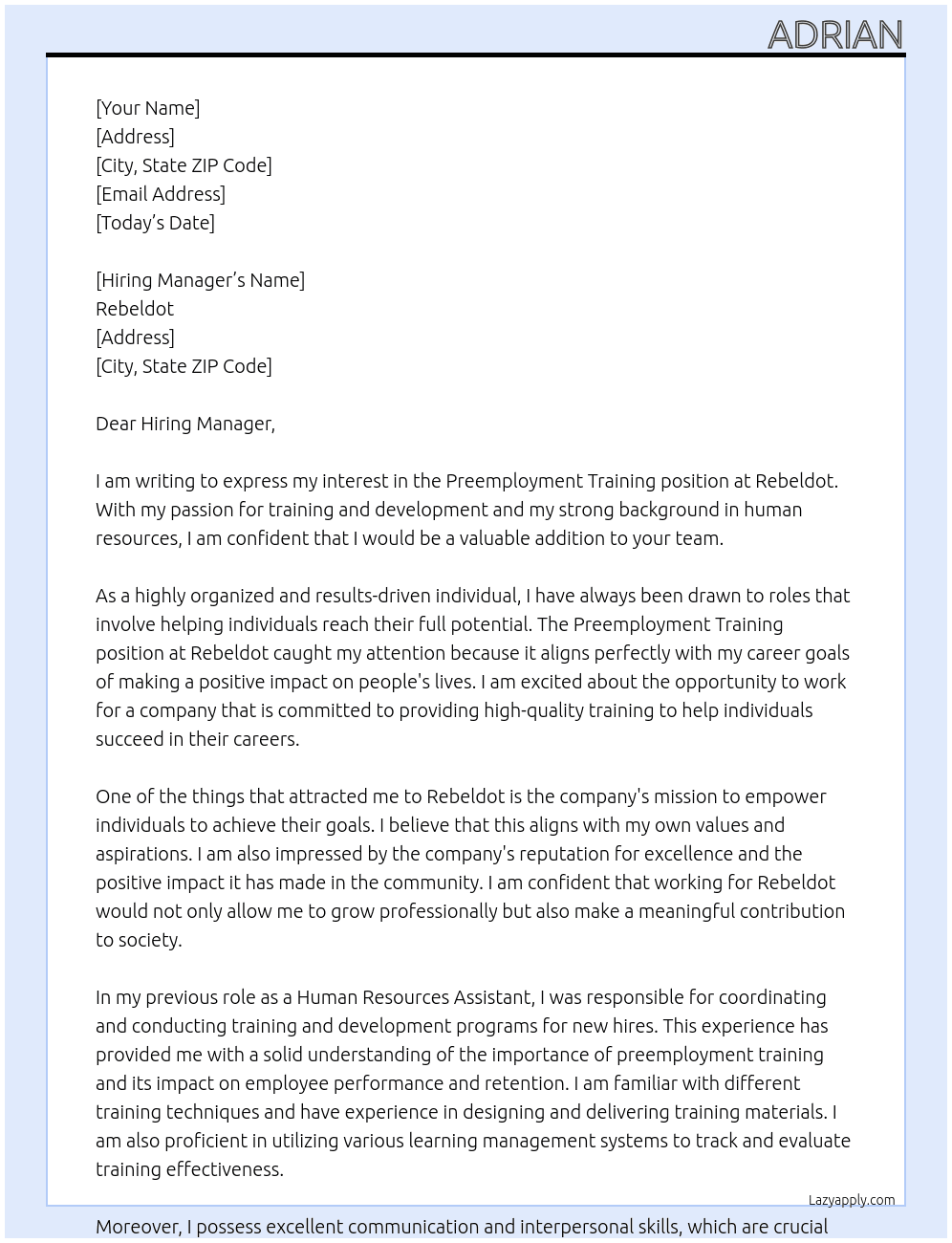 Preemployment training At Rebeldot Cover Letter