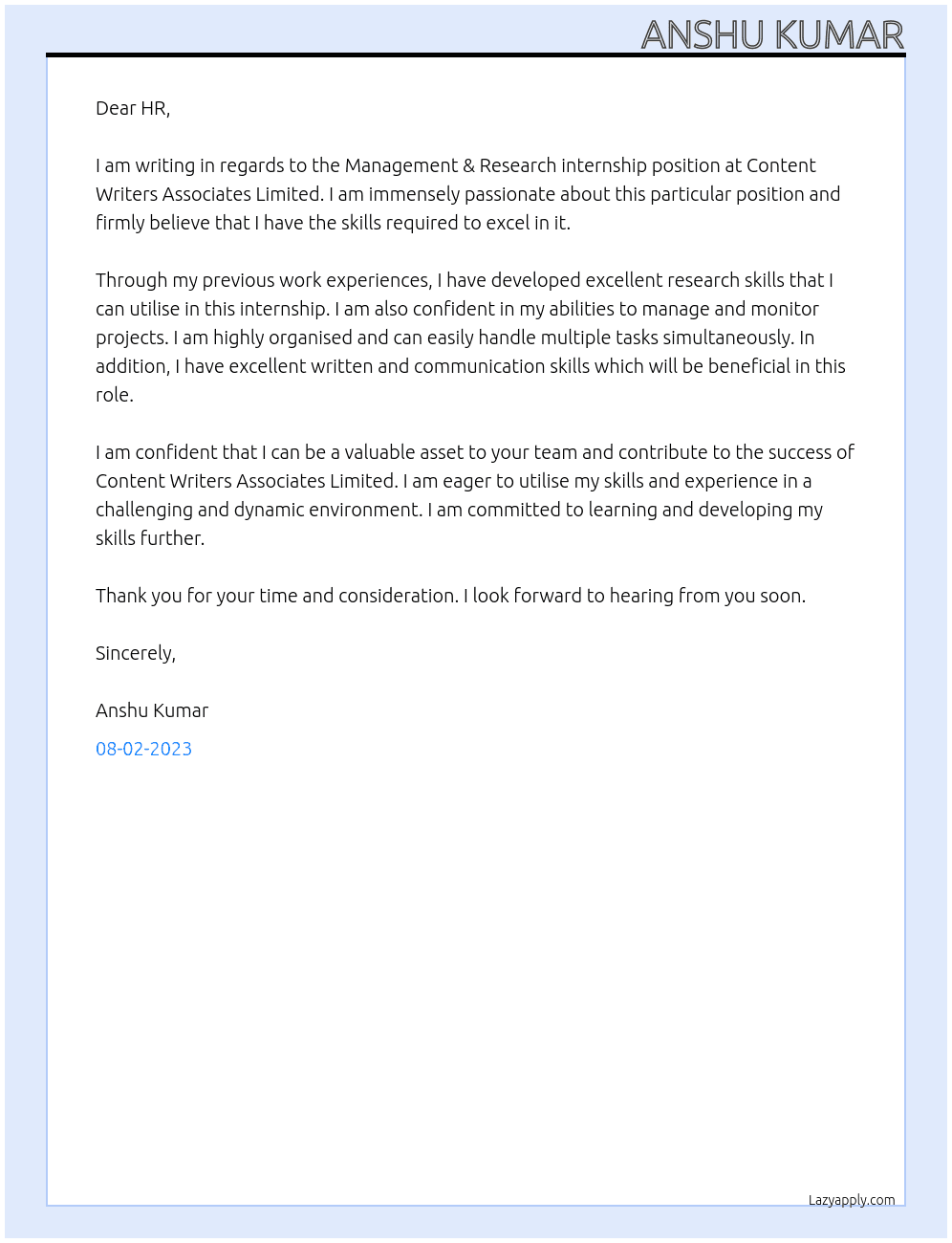 Management & Research internship At Content Writers Associates Limited Cover Letter