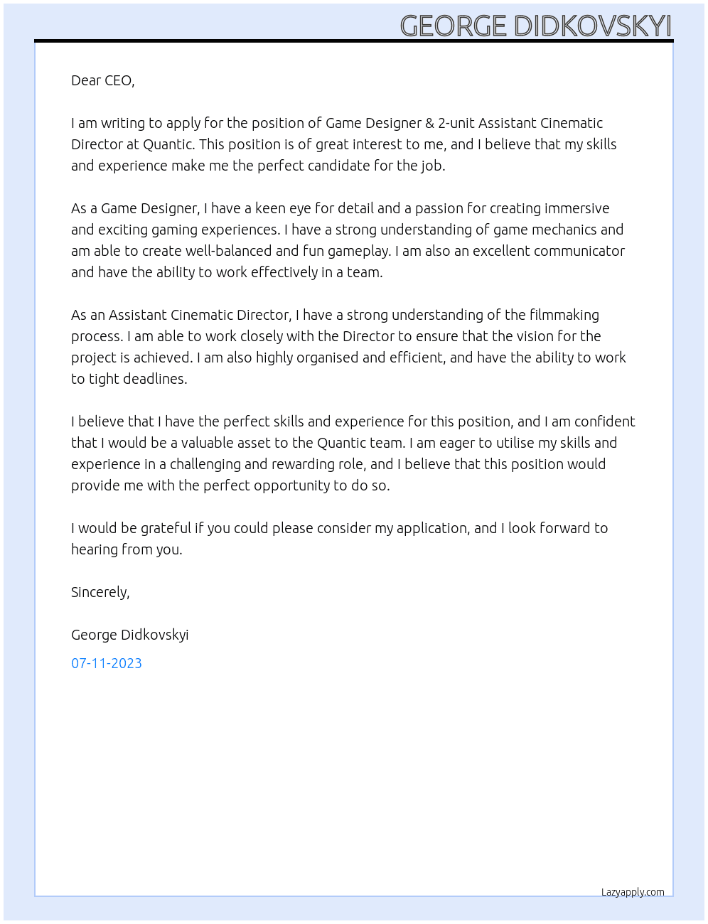 Game Designer & 2-unit Assistant Cienmatic Director At Quantic Cover Letter
