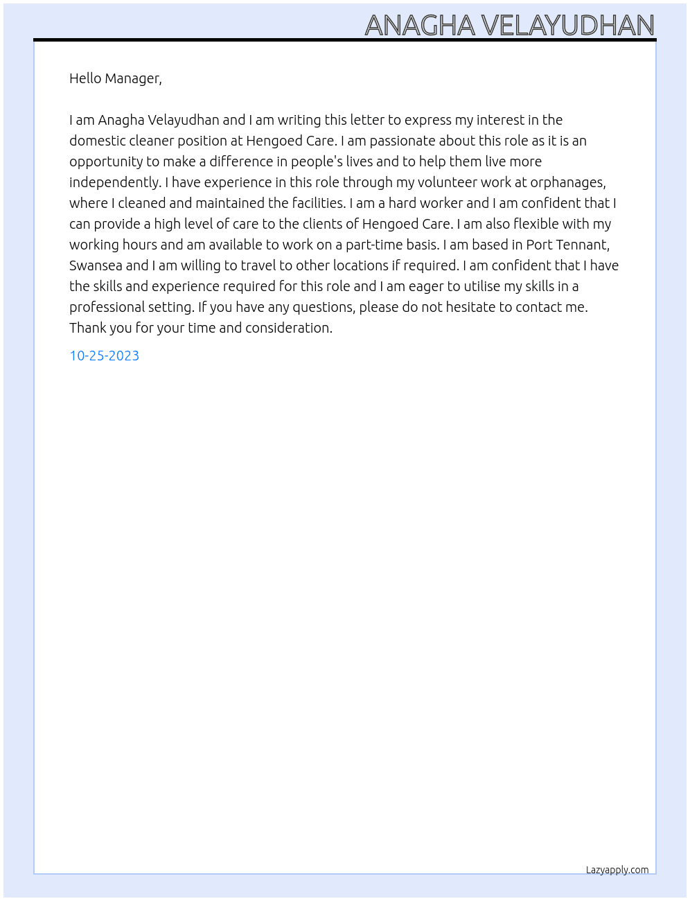 Domestic Cleaner At Hengoed Care Cover Letter