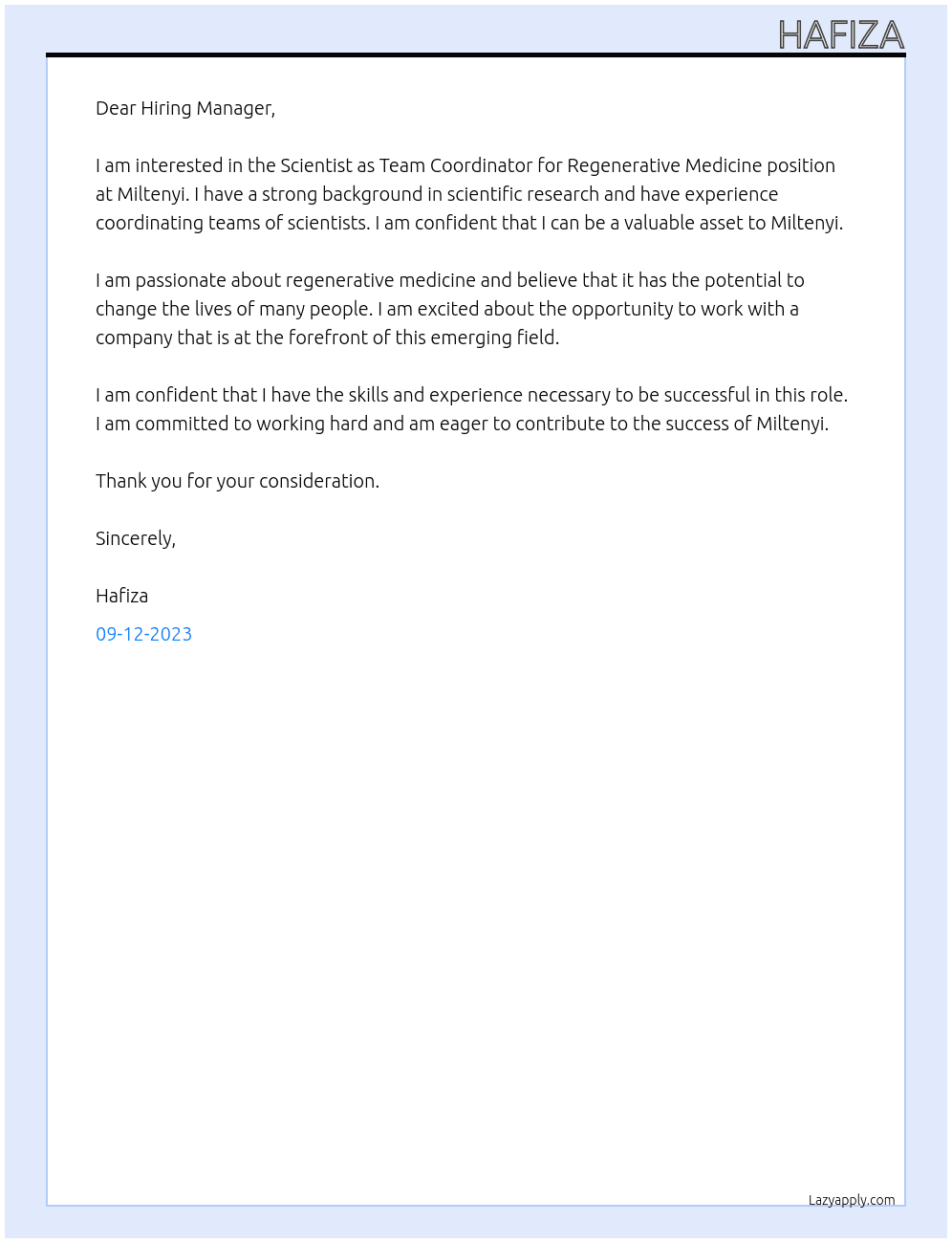 Scientist as Team Coordinator for Regenerative Medicine At Miltenyi Cover Letter