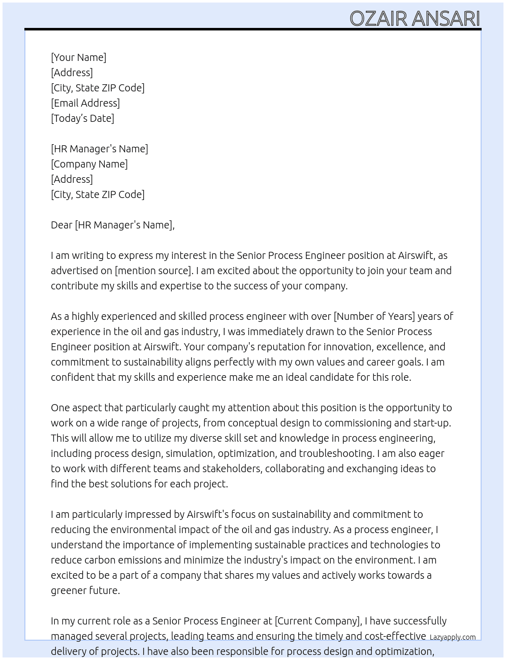 SENIOR PROCESS ENGINEER At Airswift Cover Letter