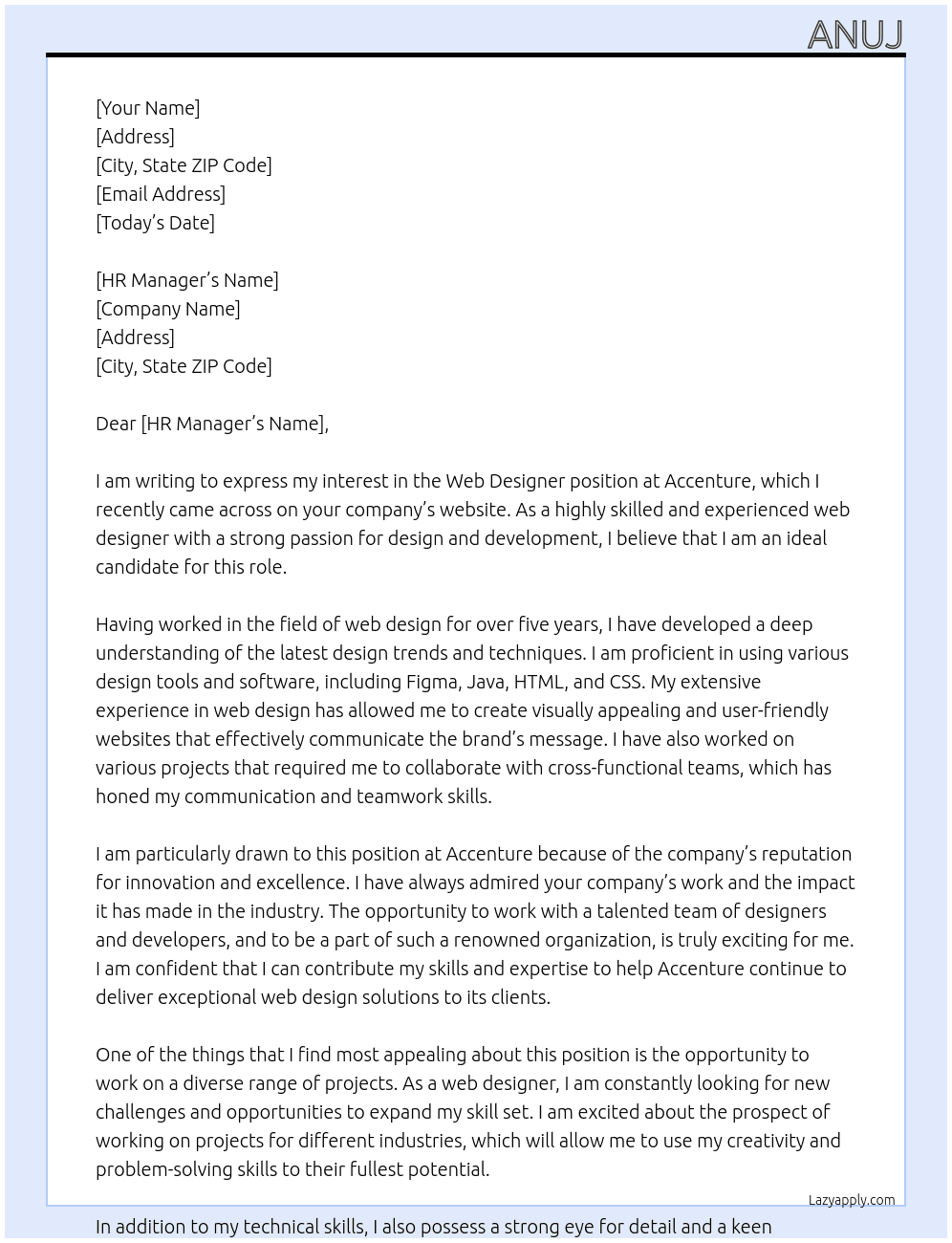 Web Designer At Accenture Cover Letter