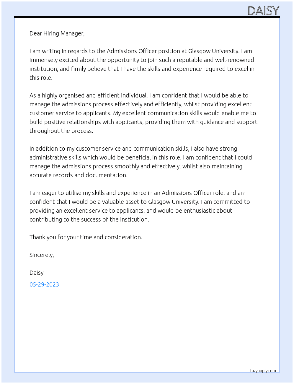 Admissions Officer At Glasgow University Cover Letter