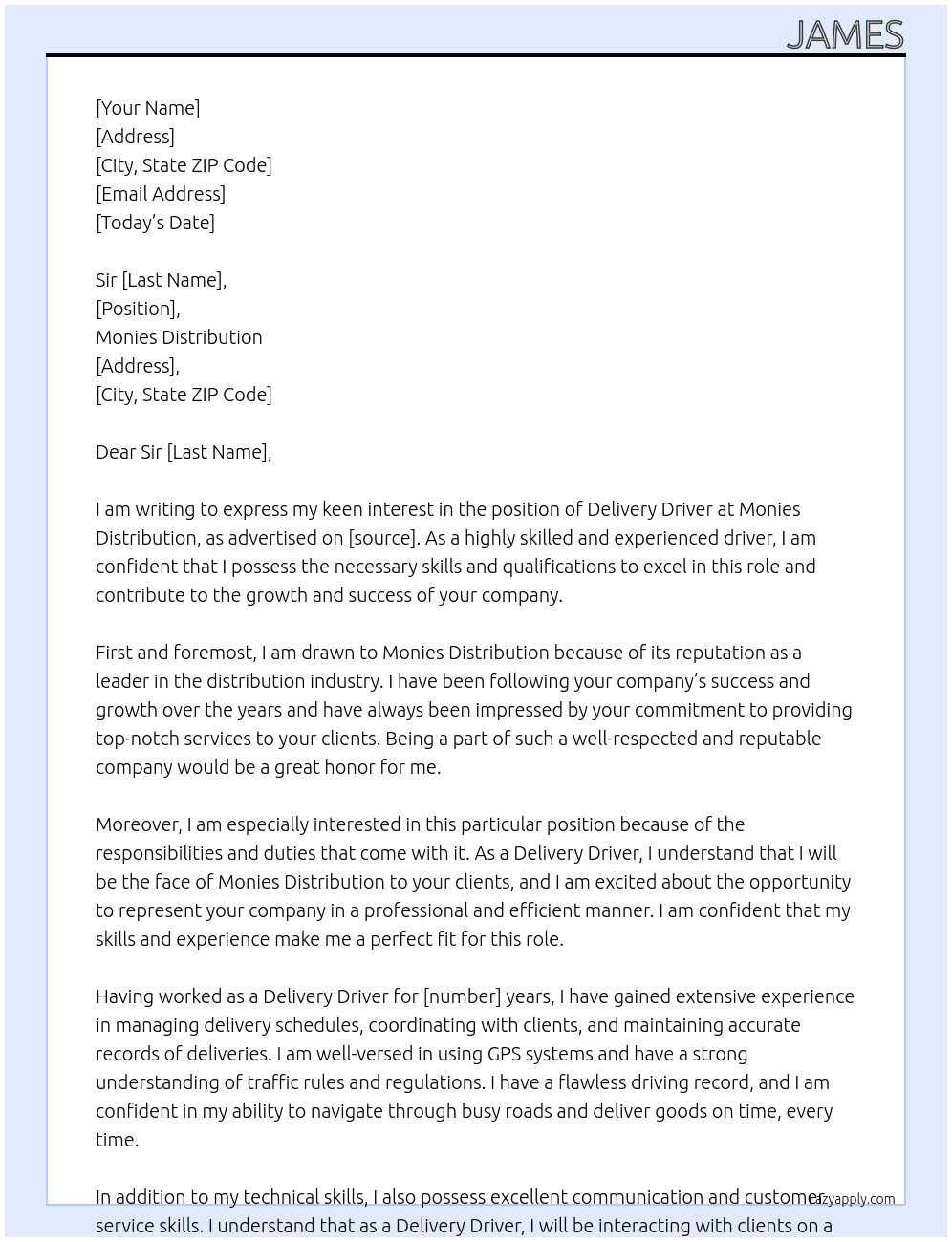 Delivery driver At Monies Distribution Cover Letter