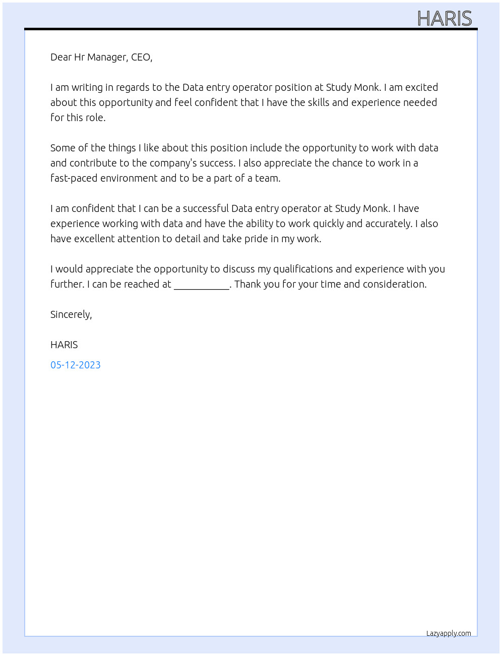 Data entry operator  At Study Monk Cover Letter