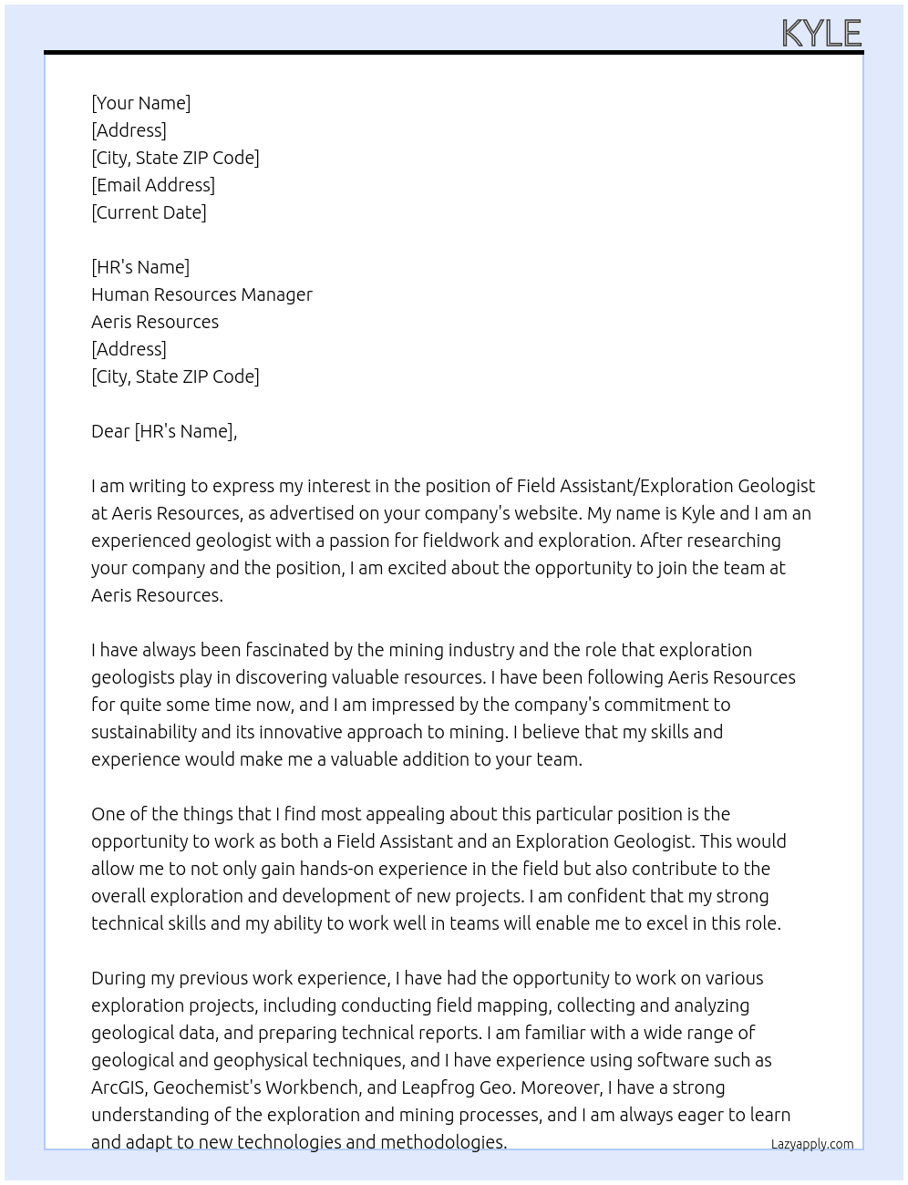 Field Assistant / Exploration Geologist At Aeris Resources Cover Letter