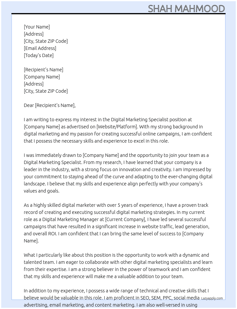 Digital Marketing Specialist At Digital Marketing Specialist Cover Letter