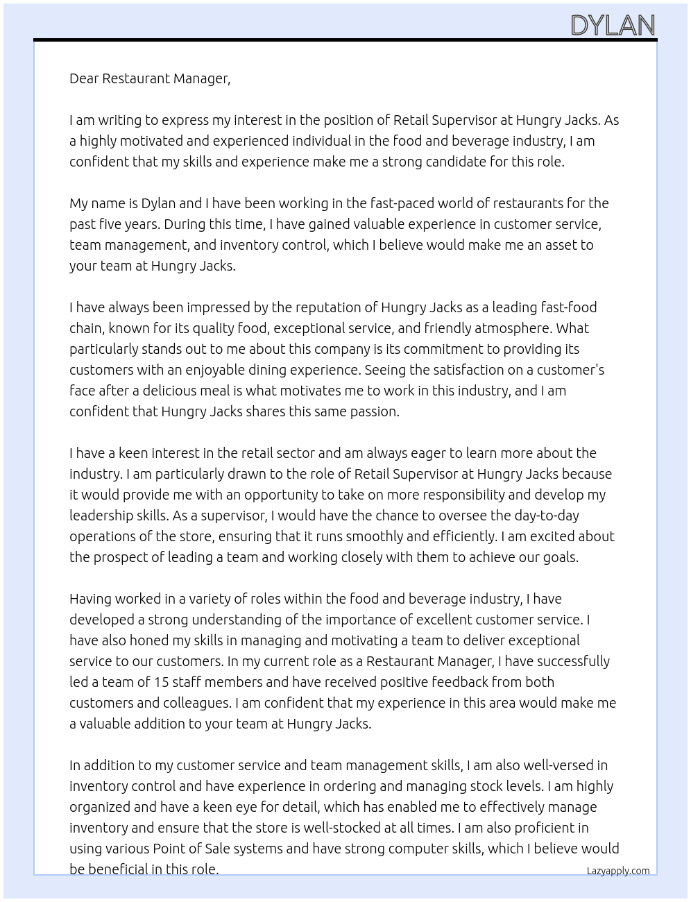 Retail supervisor At Hungry jacks Cover Letter